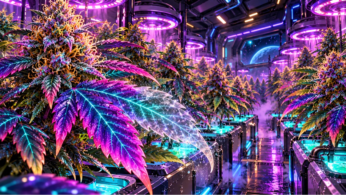 Rows of alien weed glowing blue and purple under alien grow lights in the ship's hydroponic bay