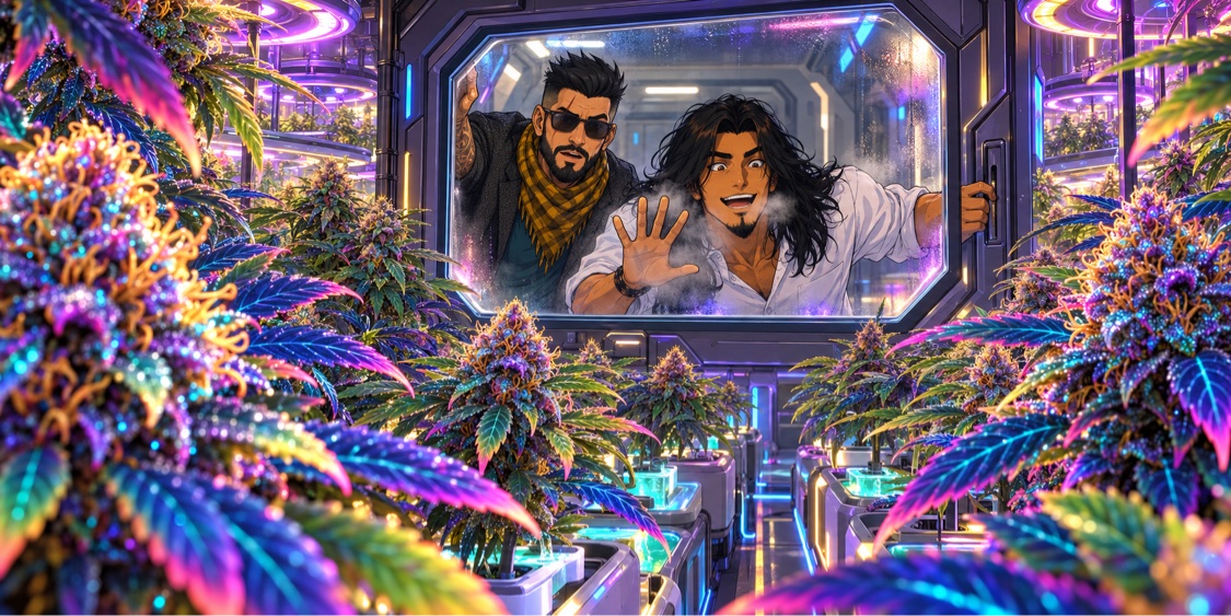 Chino and Homeboy press up to the window of the alien hydroponic grow, rows of weed glowing blue and purple under alien light