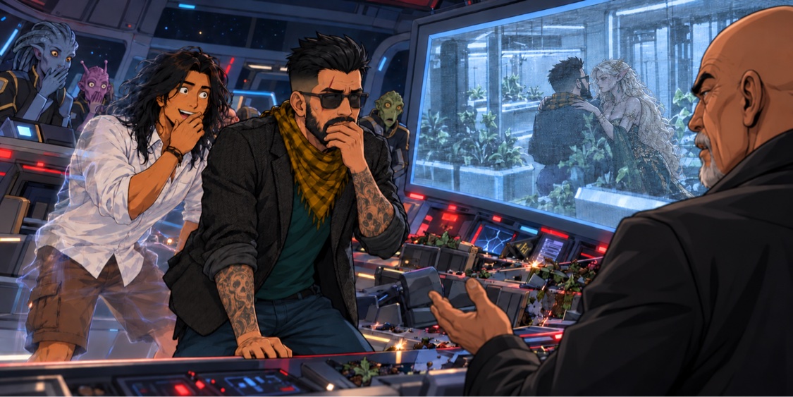 Chino and Homeboy on the alien bridge, caught mid-gasp as the big screen lights up with the security footage of the reveal