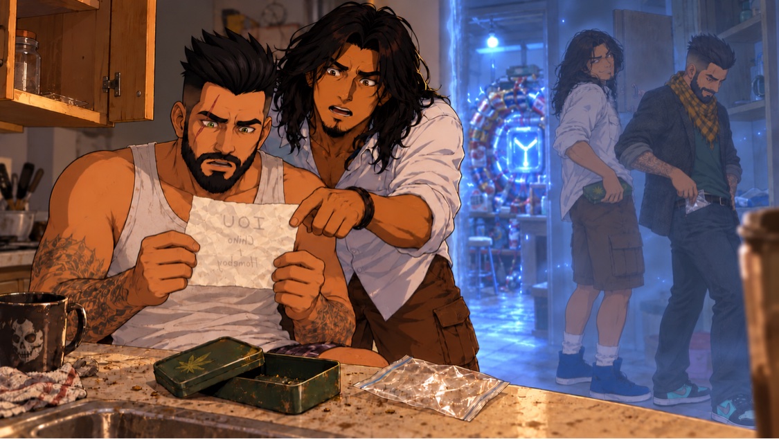 Yesterday's weed becomes their own theft — Chino and Homeboy discover the IOU note in their own handwriting while their time-ghost selves slip back through the portal